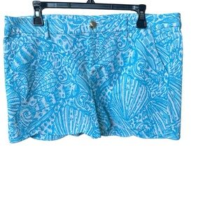 Lily Pulitzer Succulent Blue Palmita Stretch Cotton Shorts Scallop Hem Sz 14